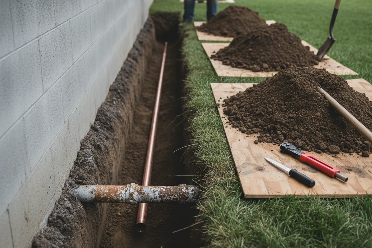 Excavated water line trench during Water Heater Repair in Lillington